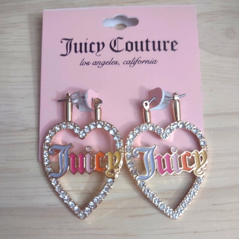 Juicy Couture Gold Lock Heart Love Crystal Hoop Logo Earrings